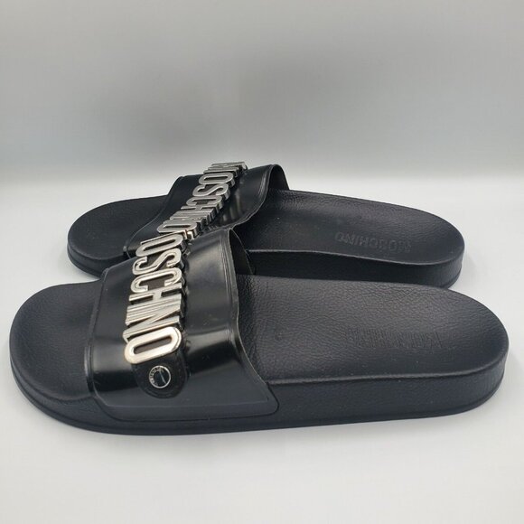 Size 10 Men\'s Moschino Couture Pool Slides Pvc Silver Lettering Black *WORN ONCE